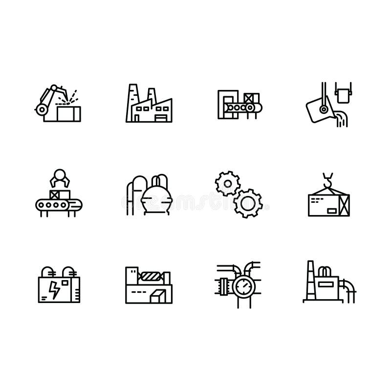 Simple set industry, production and factory vector line icon. Contains such industrial machines, manufacturing plant