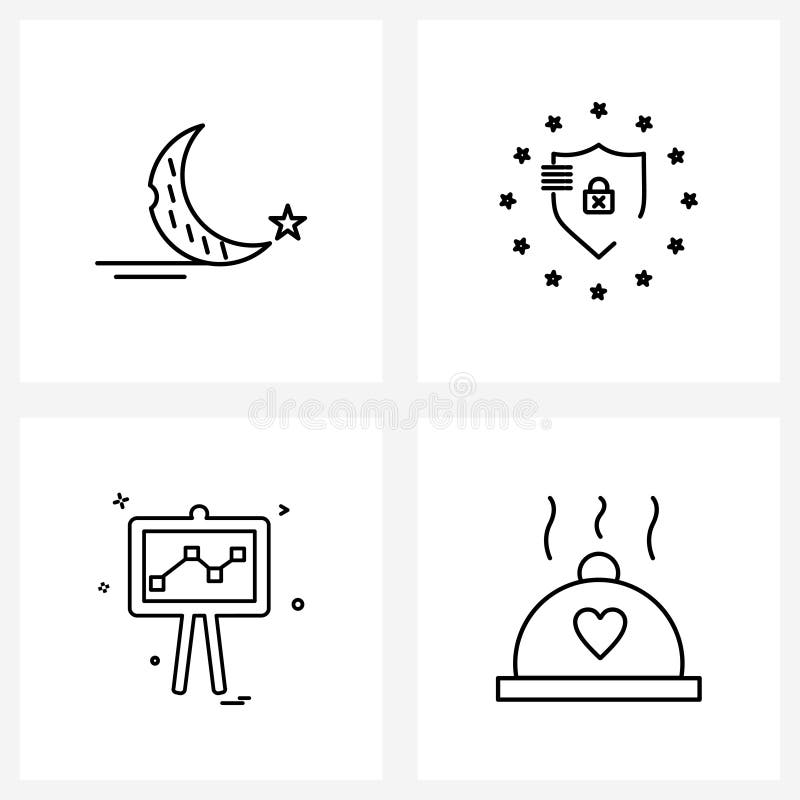 Simple Set of 4 Line Icons such as crescent, graph, gdpr shield, board, food stock illustration
