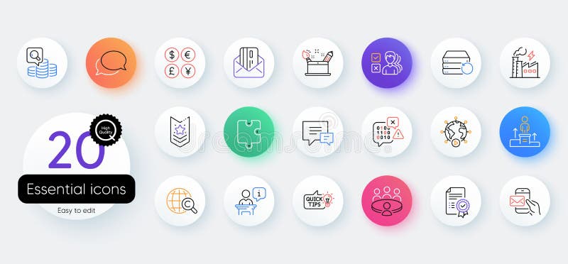 Simple set of Meeting, Shoulder strap and Credit card line icons. For web application. Vector royalty free illustration