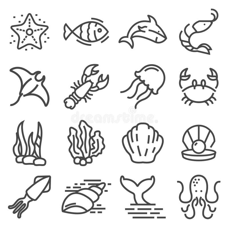 photo Simple Underwater Ocean Drawing simple set of sea related line icons