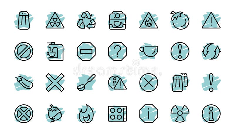 A simple set of WARNINGS, thin vector lines. Contains ICONS such as a warning, exclamation mark, reuse, warning sign royalty free illustration