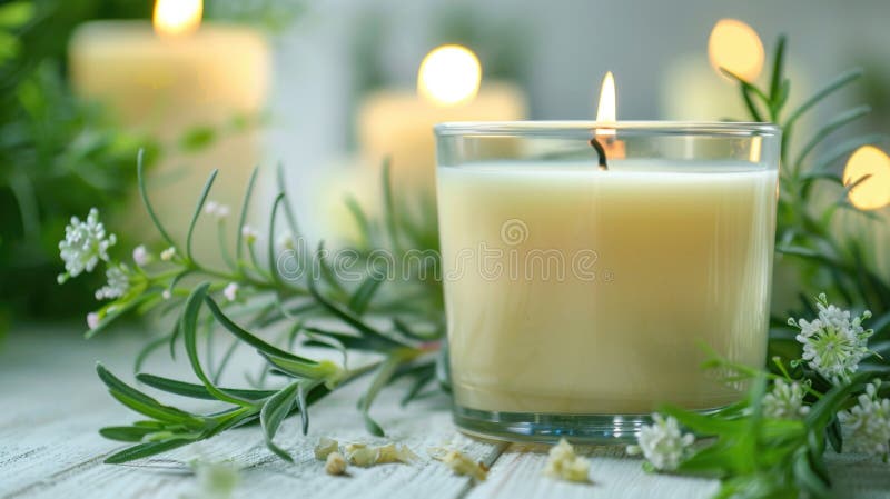 A simple setup with a candle and flowers, suitable for decorative purposes or as a still life composition royalty free illustration