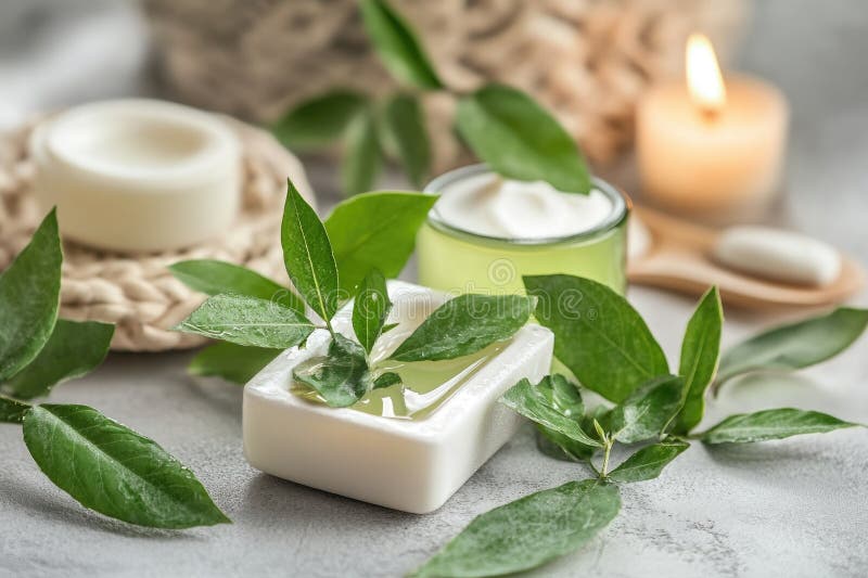 A simple setup with a candle, soap, and leaves on a table royalty free stock photo