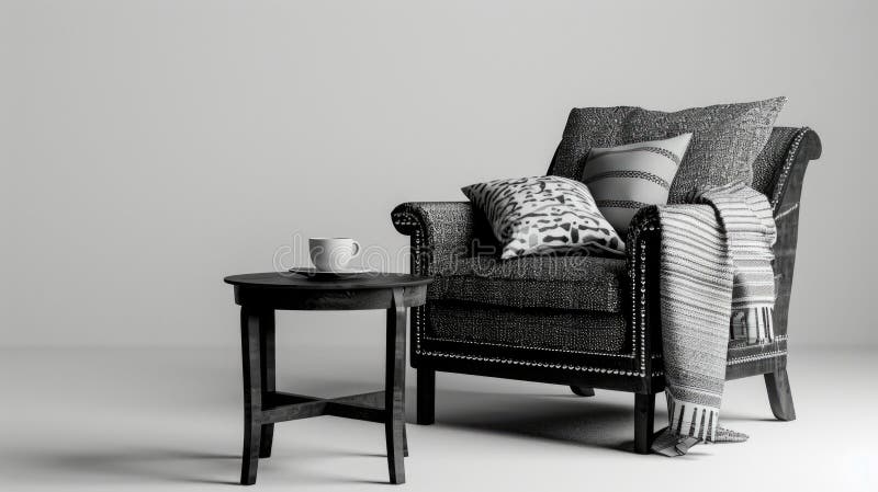 A simple setup with a chair and a table in a black and white photograph stock image