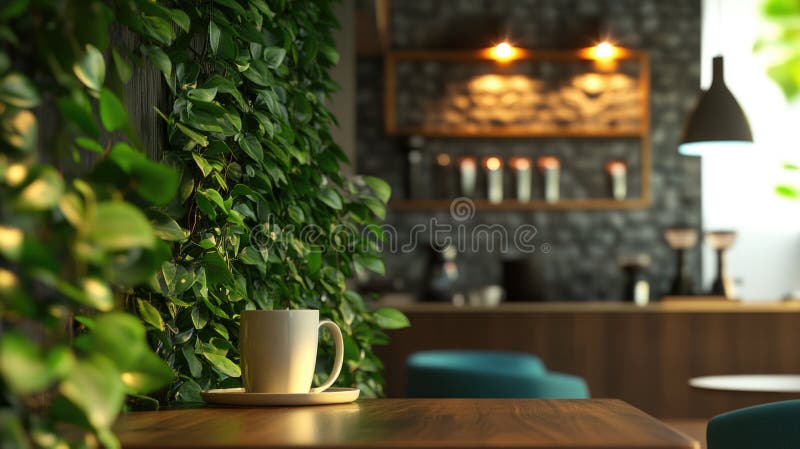 A simple setup with a coffee cup placed on a wooden table stock photos