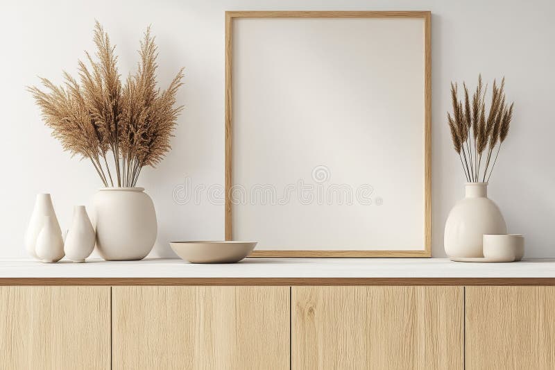 A simple setup with an empty frame and two potted plants on a wooden table evokes a calm and welcoming ambiance stock image