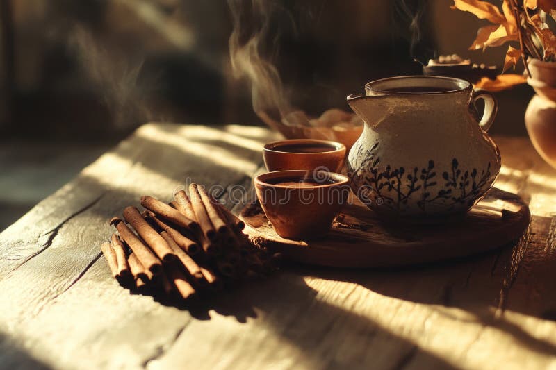A simple setup for enjoying a warm beverage, featuring a wooden table, tea pot, and two cups stock photo