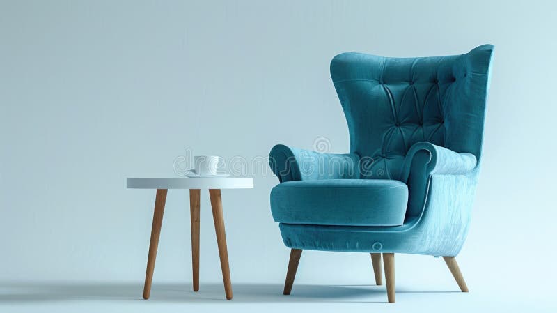 A simple setup featuring a blue chair and a small table on a white floor stock photo