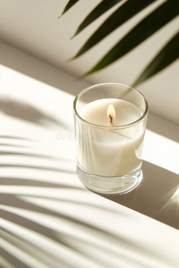 A simple setup featuring a candle and a plant on a table stock image