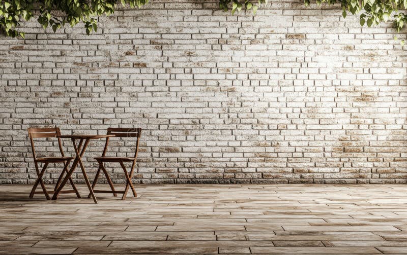 A simple setup featuring a chair and table positioned against a rustic brick wall, creating a cozy and inviting royalty free stock photography