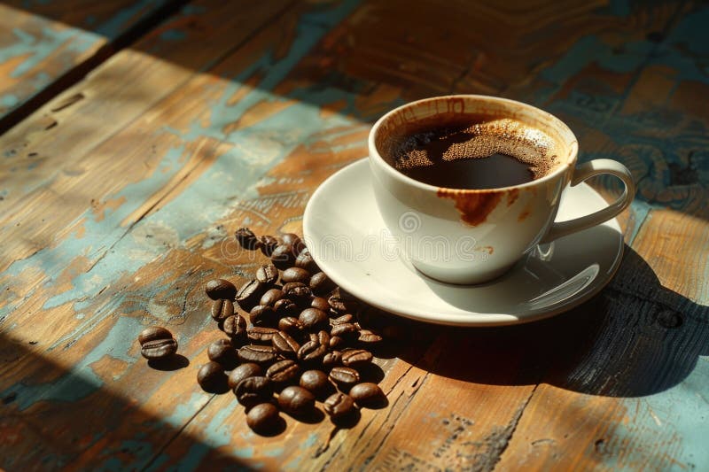 A simple setup featuring a cup of coffee and some coffee beans on a table royalty free stock photo
