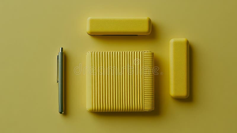 A simple setup featuring two yellow notebooks, one accompanied by a black pen and the other by a black pencil, all stock photos