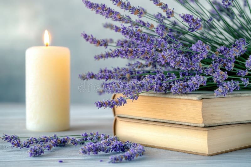 A simple setup featuring a white candle placed beside a stack of books royalty free stock image