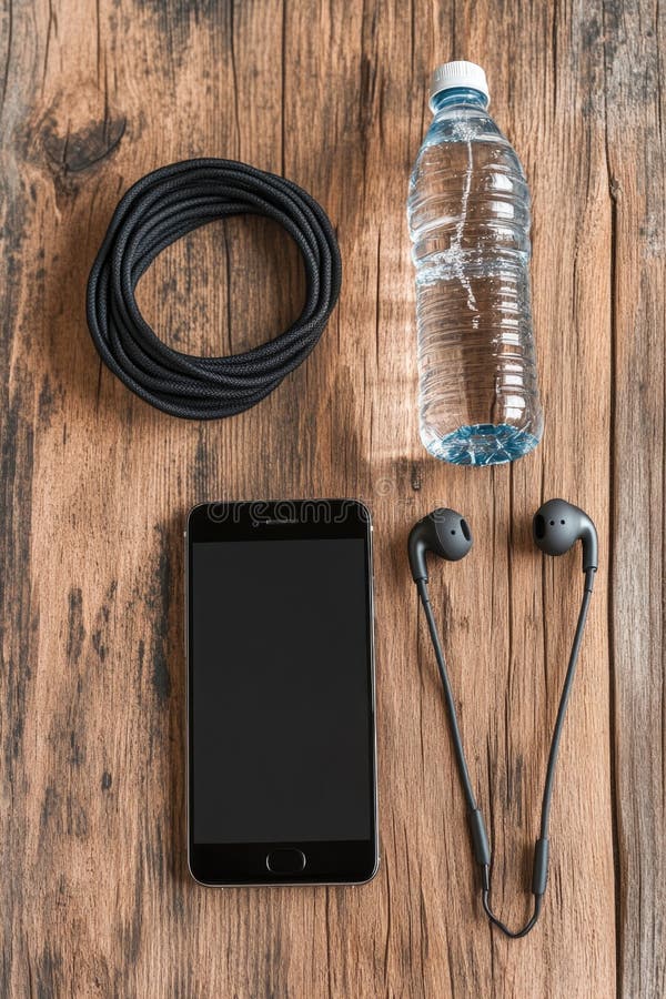 A simple setup with a phone, headphones, and water bottle on a table royalty free stock images