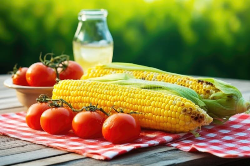 Simple setup of roasted corn on picnic table royalty free stock photo