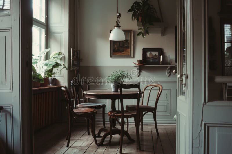 A simple setup of a small table and chairs. Suitable for interior design concepts stock photography