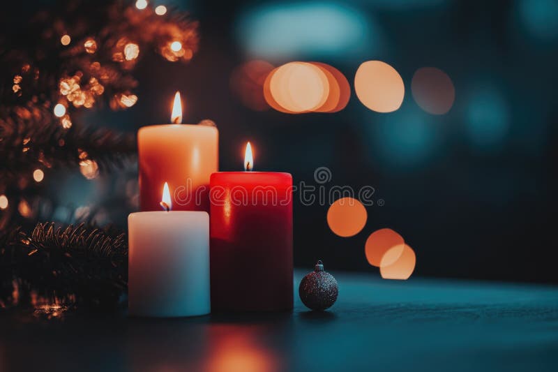 Simple setup of three candles on a table, ready for use stock photos