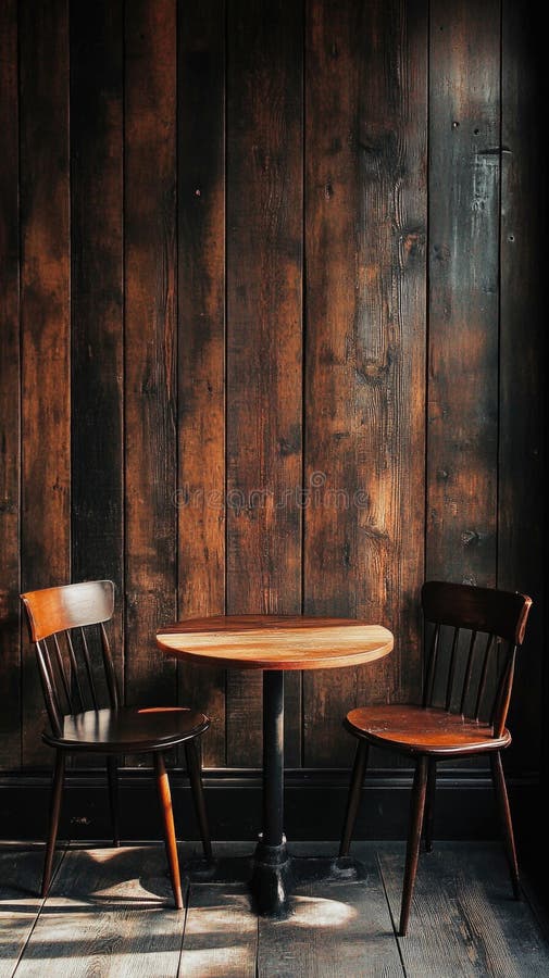 A simple setup of two wooden chairs and a table against a wooden wall stock photography