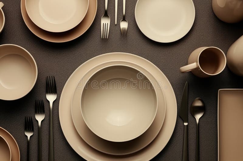 A simple setup of white plates and silverware on a table. Ideal for food and dining concepts stock images