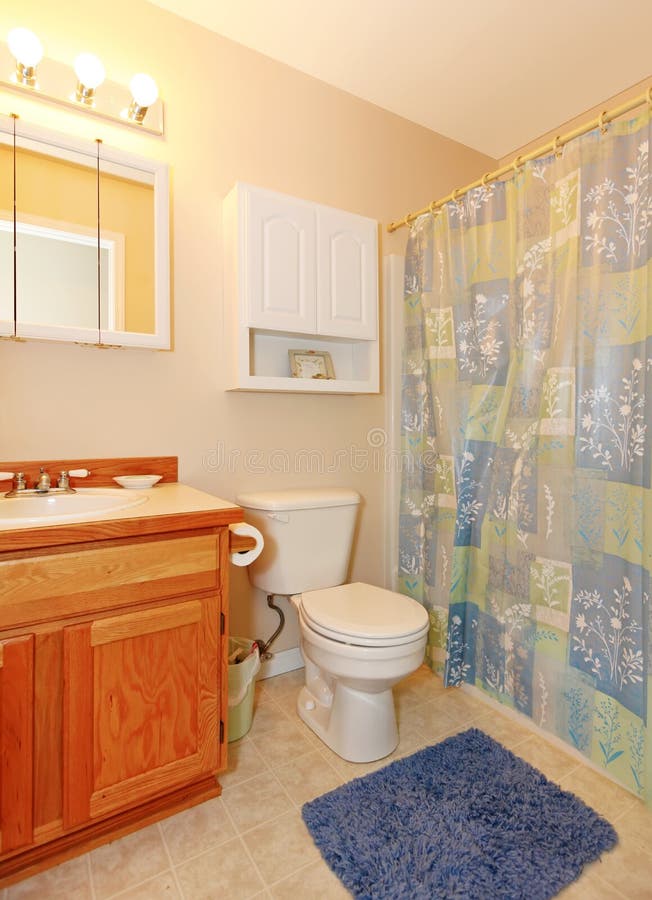 Simple Small Bathroom with Purple Rug. Stock Photo - Image of