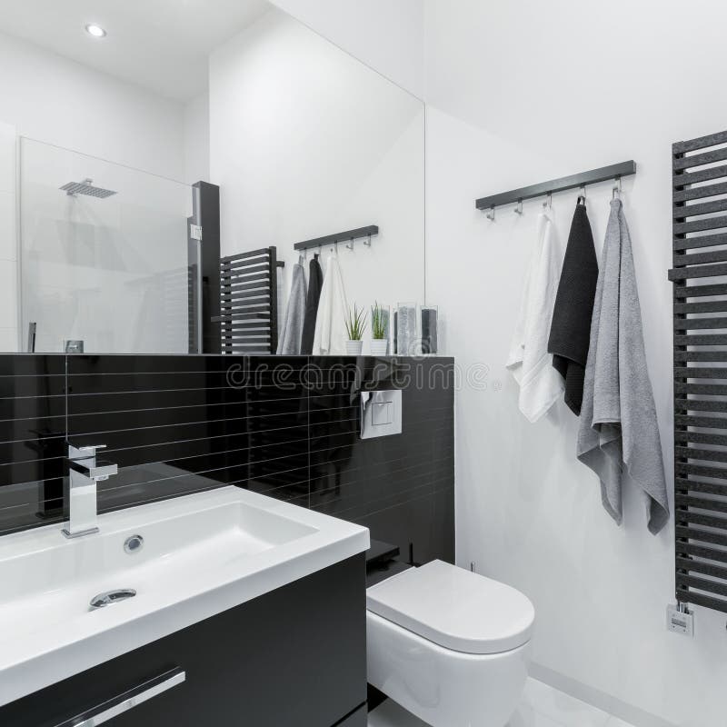Small Black and White Bathroom with Shower Stock Image Image of