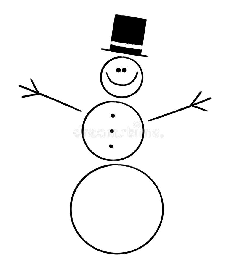 A clip art illustration featuring a very simplistic snowman with hat in black and white. A clip art illustration featuring a very simplistic snowman with hat in black and white