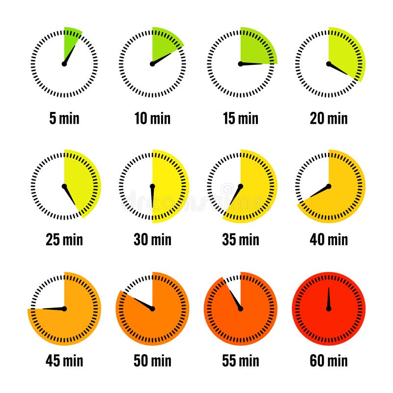 Simple stopwatch icons. Colorful chronometer, time counter with dial. Countdown timer showing hours and minutes royalty free illustration