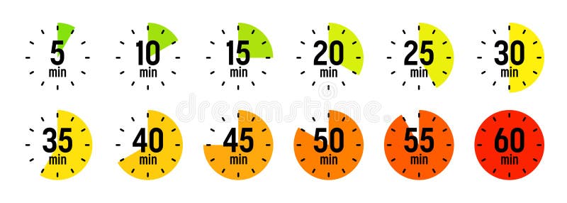 Simple stopwatch icons. Colorful chronometer, time counter with dial. Countdown timer showing hours and minutes vector illustration