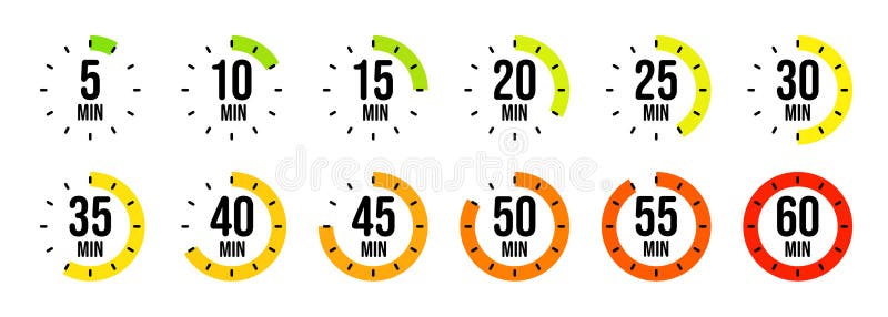 Simple stopwatch icons. Colorful chronometer, time counter with dial. Countdown timer showing hours and minutes royalty free illustration