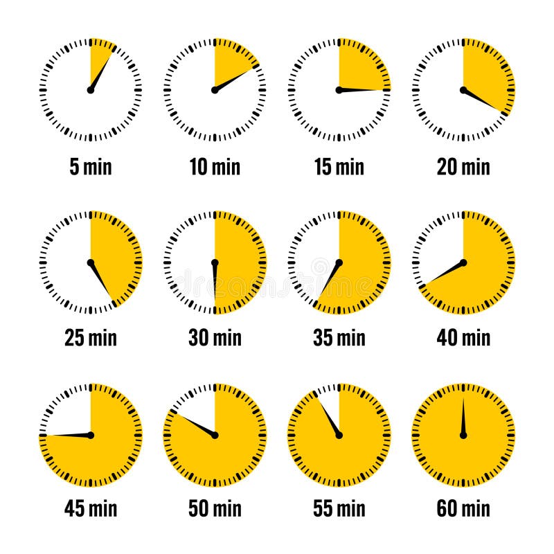 Simple stopwatch icons. Colorful chronometer, time counter with dial. Countdown timer showing hours and minutes stock illustration