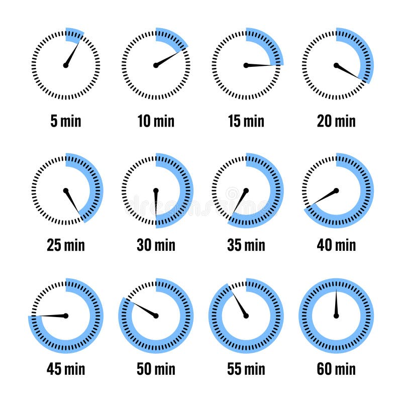 Simple stopwatch icons. Colorful chronometer, time counter with dial. Countdown timer showing hours and minutes royalty free illustration