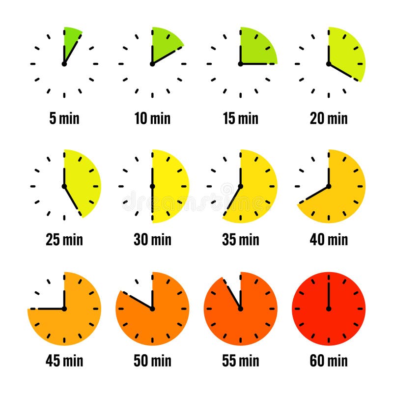 Simple stopwatch icons. Colorful chronometer, time counter with dial. Countdown timer showing hours and minutes vector illustration