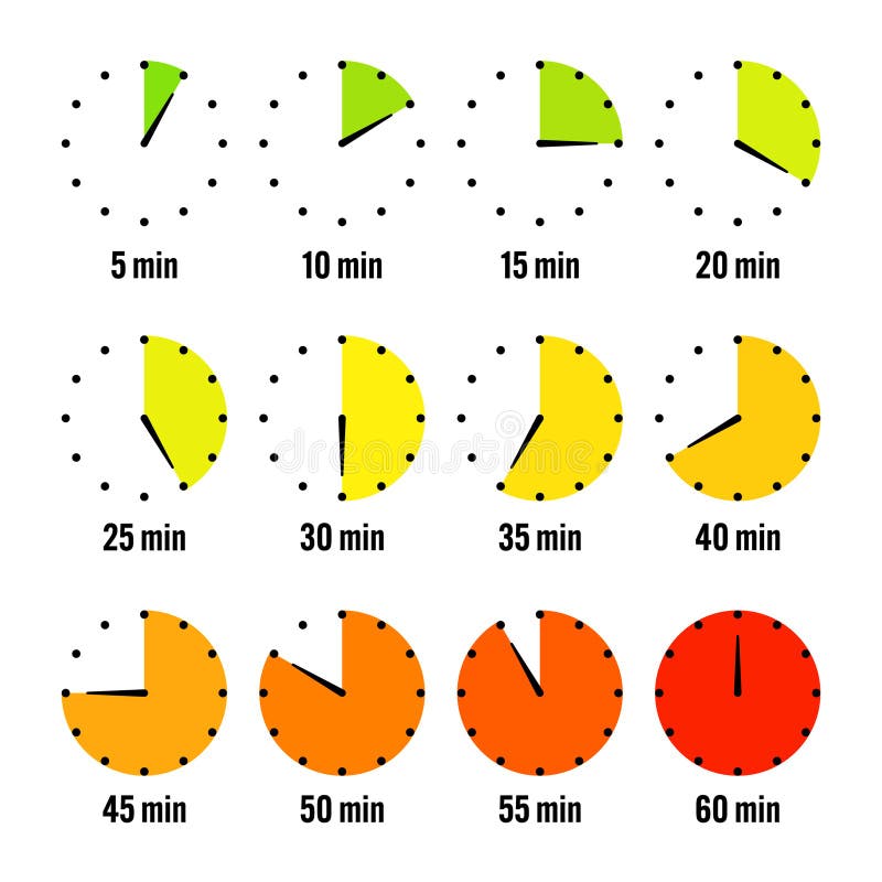 Simple stopwatch icons. Colorful chronometer, time counter with dial. Countdown timer showing hours and minutes royalty free illustration