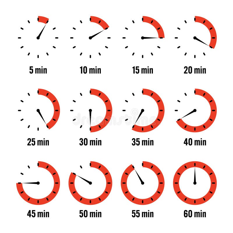Simple stopwatch icons. Colorful chronometer, time counter with dial. Countdown timer showing hours and minutes royalty free illustration