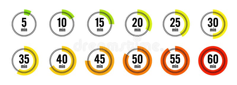 Simple stopwatch icons. Colorful chronometer, time counter with dial. Countdown timer showing hours and minutes royalty free illustration