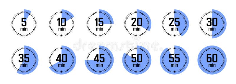 Simple stopwatch icons. Colorful chronometer, time counter with dial. Countdown timer showing hours and minutes stock illustration