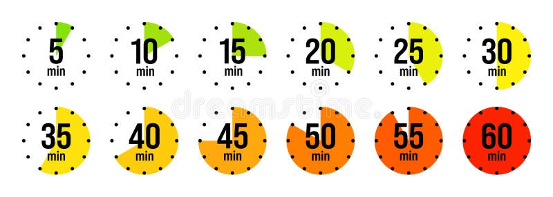 Simple stopwatch icons. Colorful chronometer, time counter with dial. Countdown timer showing hours and minutes vector illustration