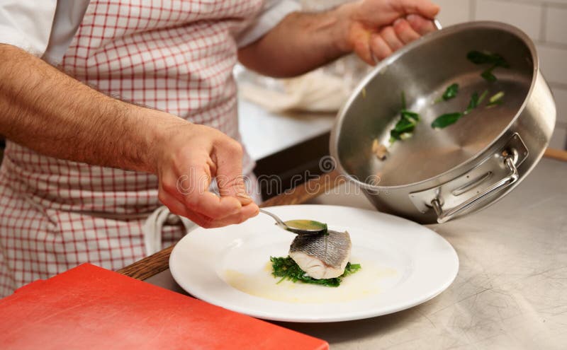 Simple but tasty piece of steamed seabass fillet stock photo