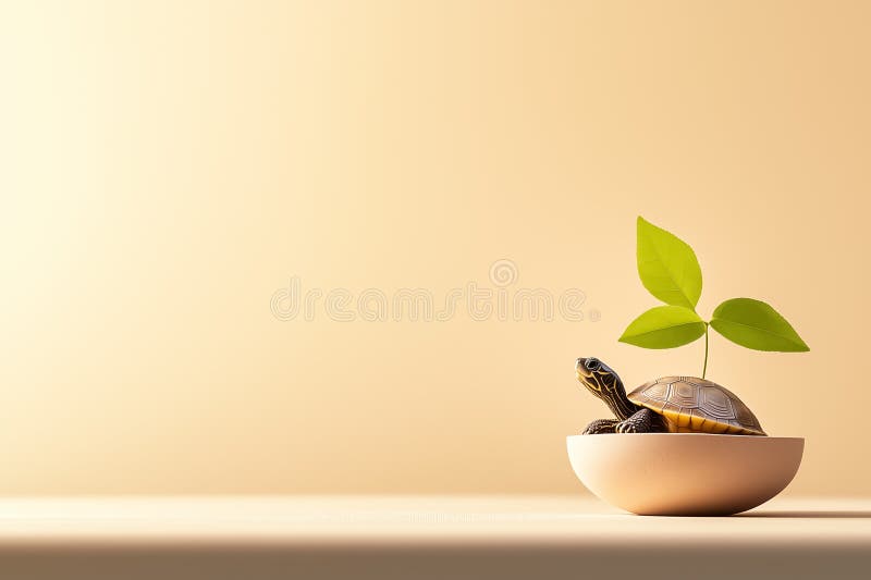 A simple turtle outline rests on a neutral surface, with a small green leaf sprouting from its shell. Bright midday stock photography