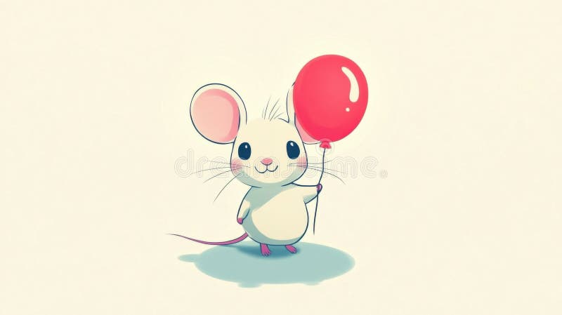 A cute white mouse holds a red balloon, standing on its hind legs with a shadow underneath vector illustration