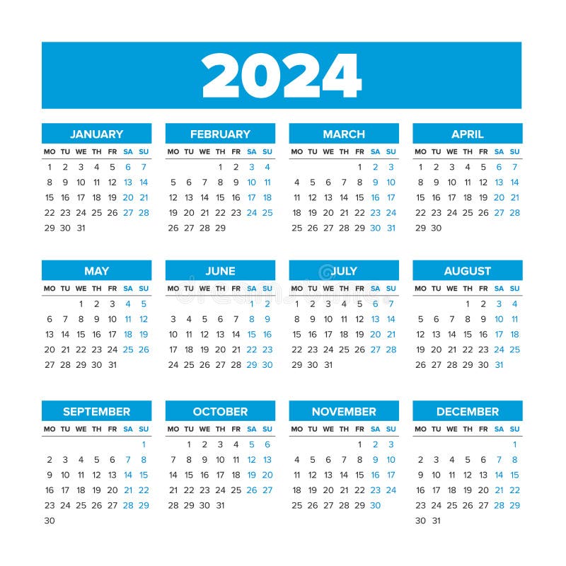 Simple 2024 Year Calendar, Weeks Start on Sunday Stock Vector