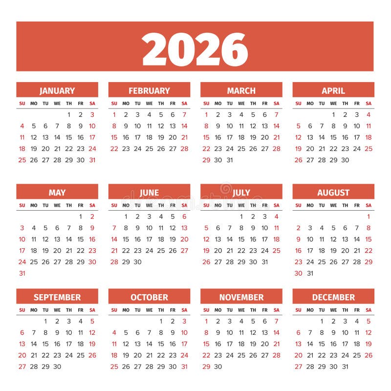 2026 Simple Horizontal Pocket Calendar Grid Template Isolated on White ...