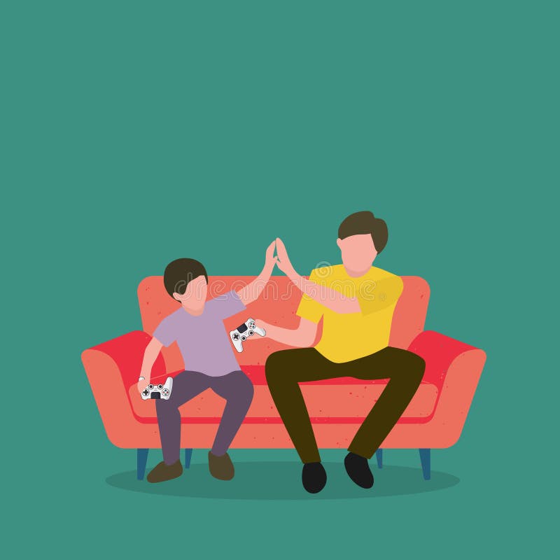 Simple Vector illustration background about young happy father have fun playing the console video game with his son on the couch together. Parenting family concept. Modern design vector illustration