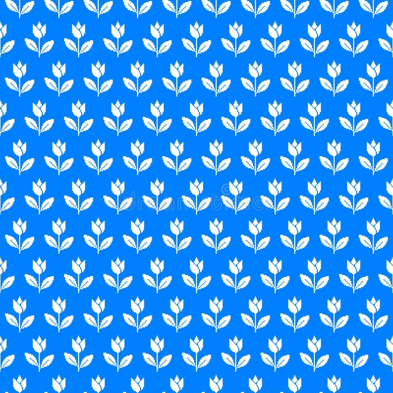 Simple vector pixel art azure and white seamless pattern of abstract blooming tulip flower