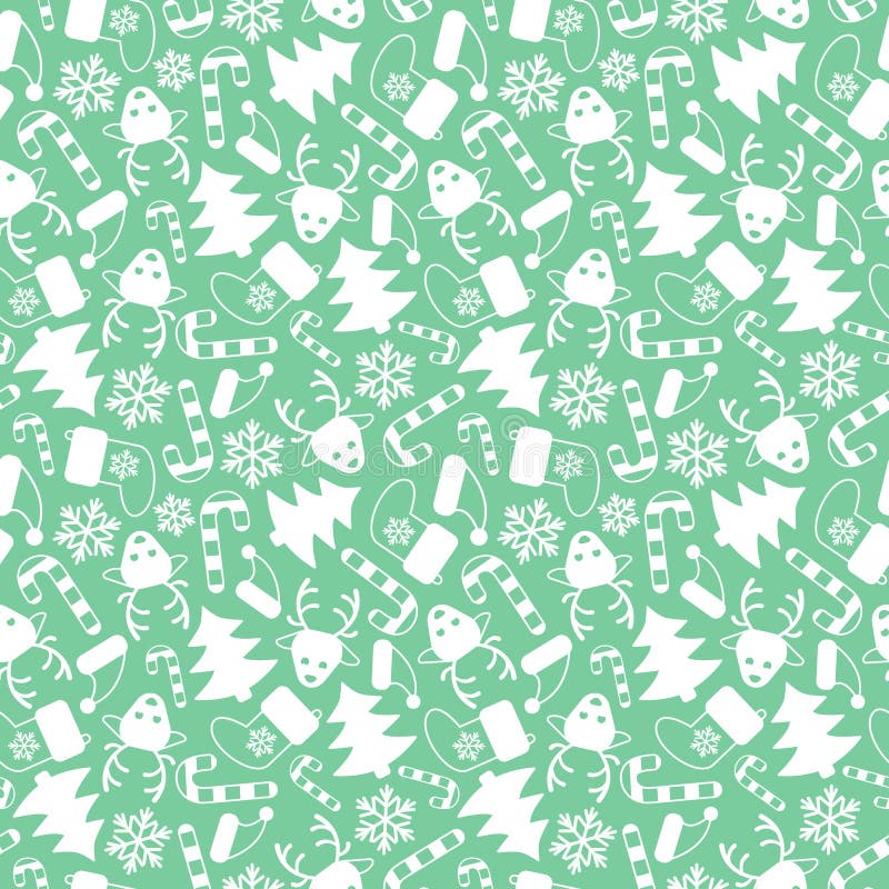 Simple Vector Seamless Pattern with Christmas Elements on Pastel Green Background. Stock Vector