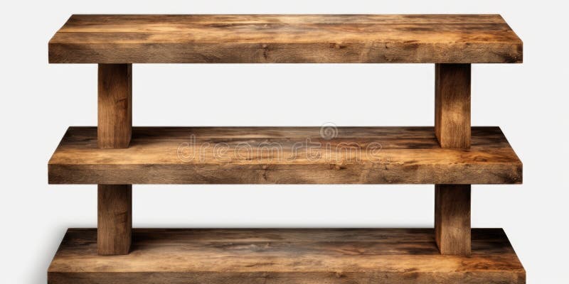 A simple and versatile three tiered wooden table on a clean white background. Perfect for showcasing products or stock images