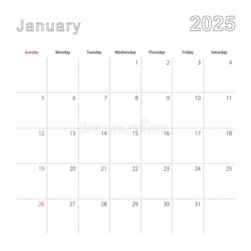 Simple Wall Calendar for January 2025 with Dotted Lines. the Calendar is in English, Week Start
