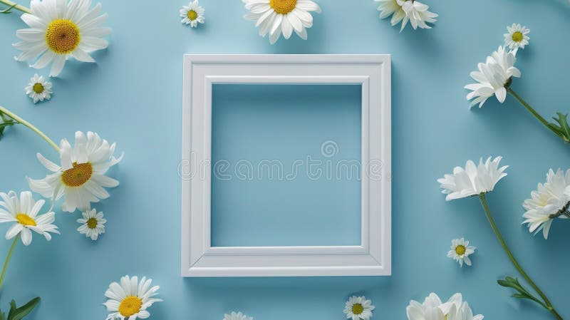 Simple white frame mockup surrounded by delicate daisy flowers on a calming blue background royalty free illustration