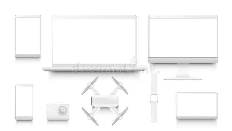 Simple White Gadgets Set. Desktop Computer Display, Smartphone, Tablet, Laptop, Sport Camera, Smart Watch RC Drone