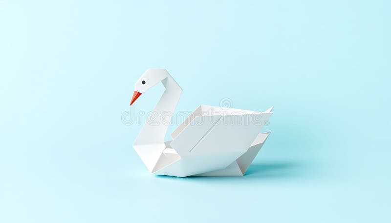 Simple white origami swan paper craft figure on a plain light blue background look. Stock Photo, Generative AI stock illustration